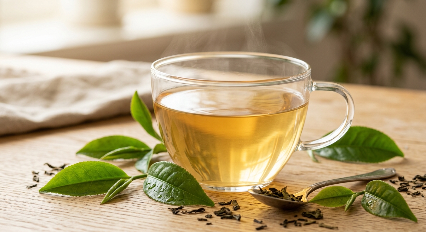 A glass of Darjeeling tea glowing amber